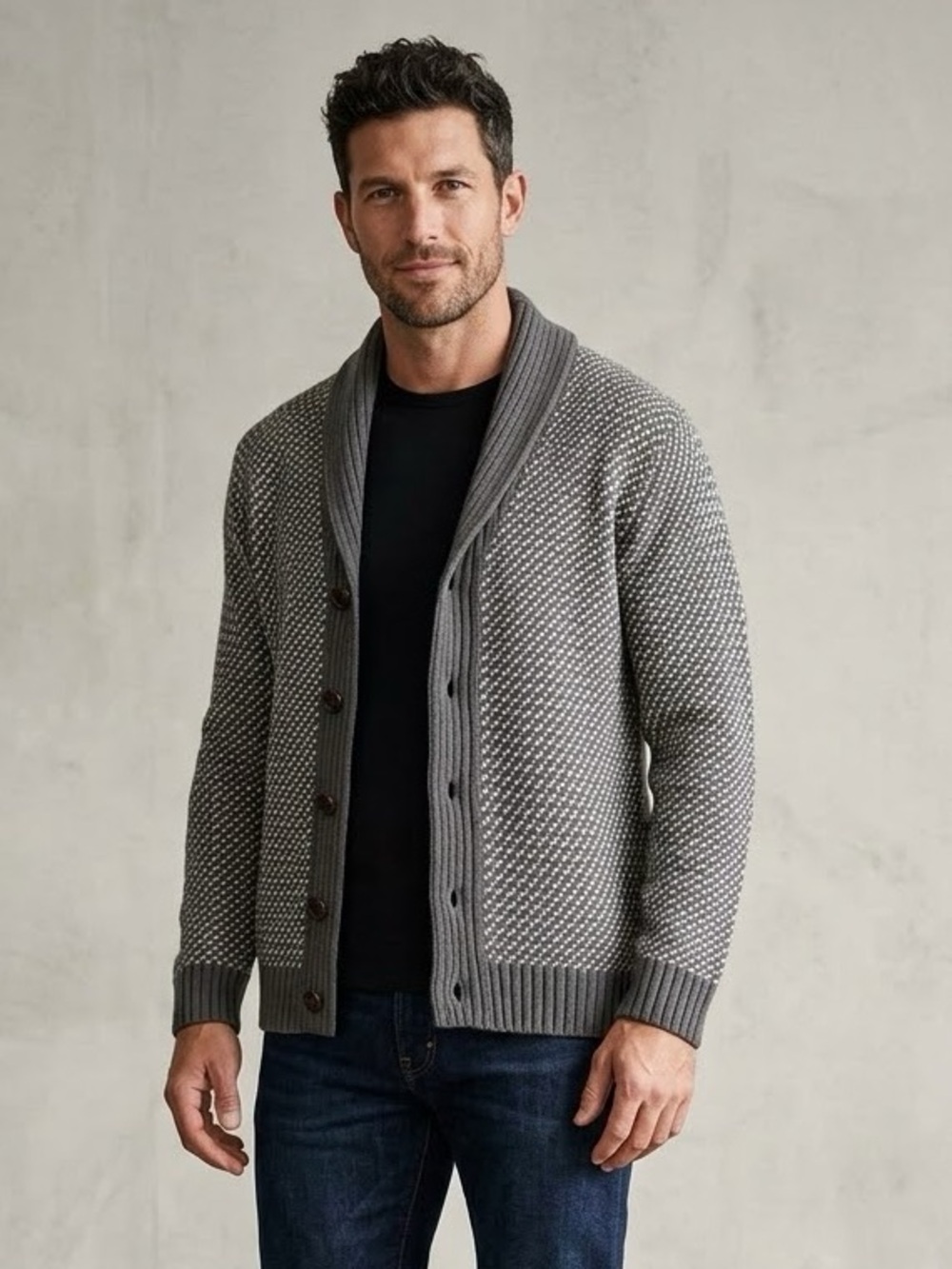 Filippo Novelli Wool Blend Patterned Shawl Collar Cardigan L